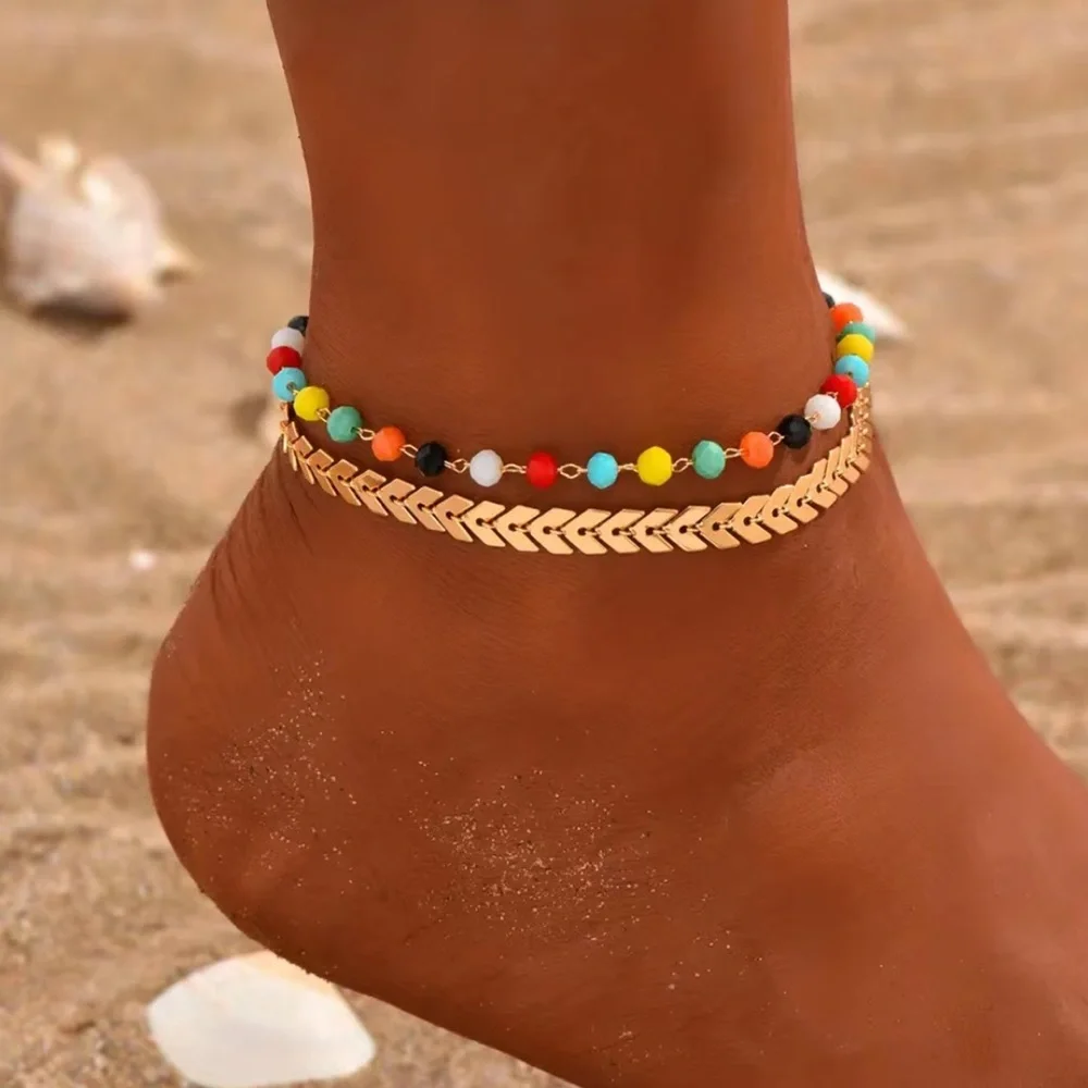 Double Layers Chain Anklet With Colorful Beads| Gold Plated Ankle Bracelet Set - Picture 4 of 5